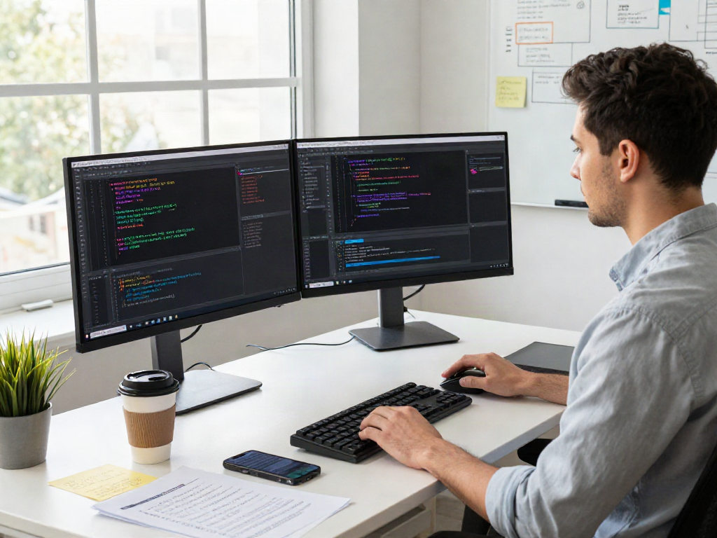 Developer in a tech workspace using crushonai software, focused on coding at dual monitors.