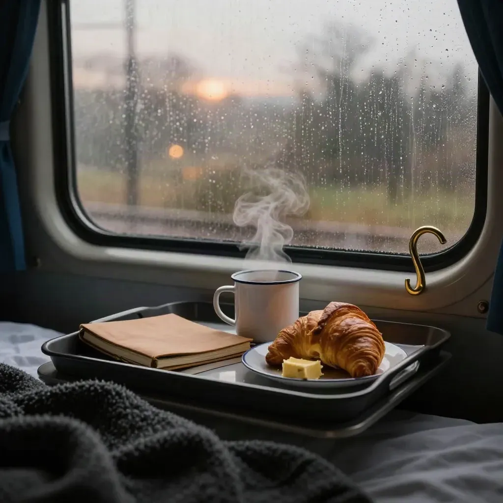 Sleeper-train breakfast tray by a rain-streaked window at dawn, steam rising from an enamel mug.