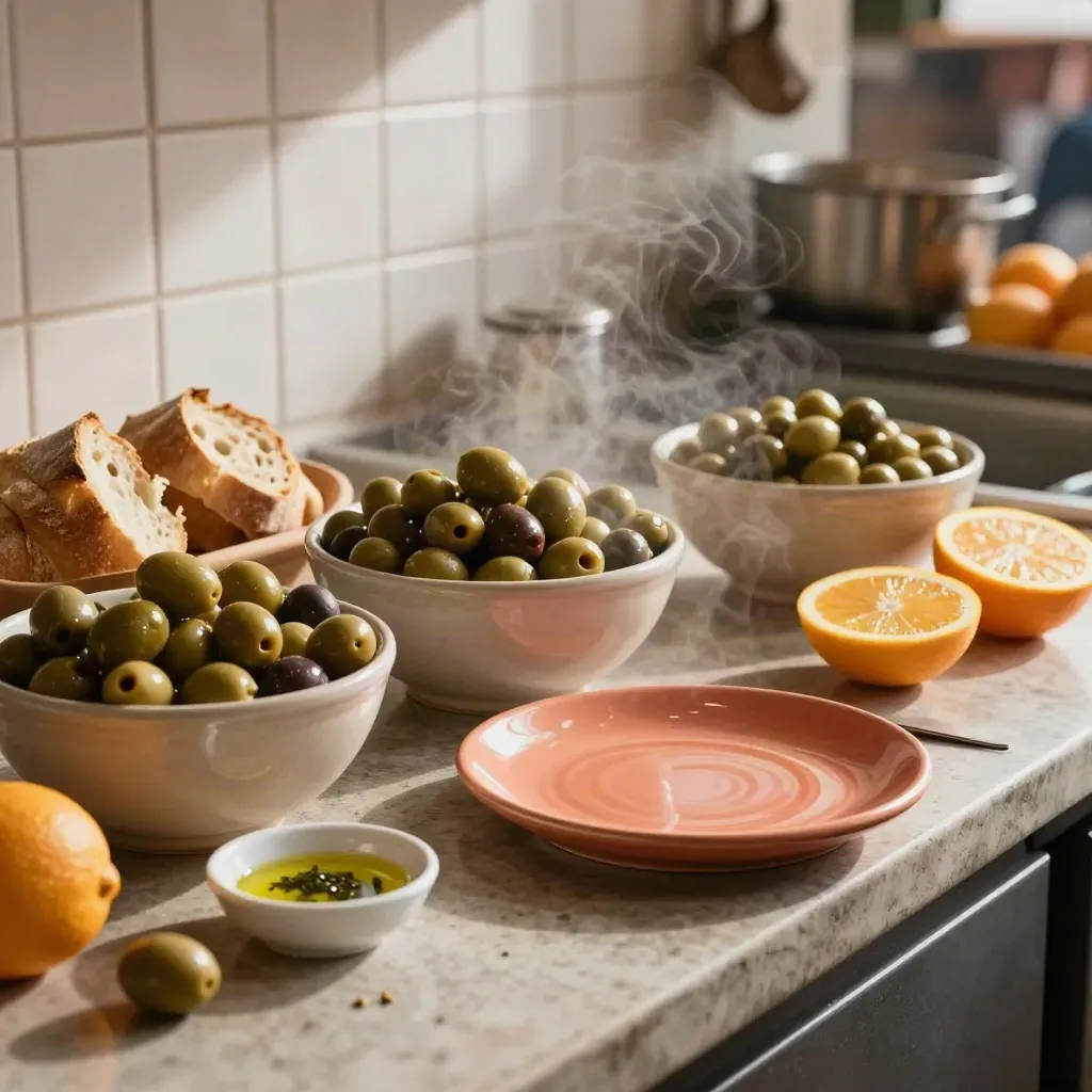 Olives, bread and citrus on a market counter with steam rising from a fresh plate.