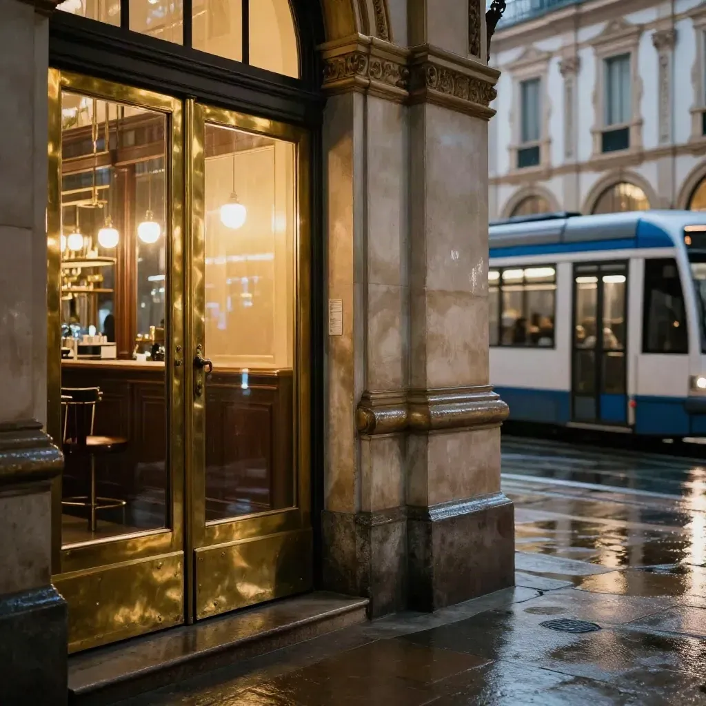 Milan arcade entrance with brass doors, amber glow, wet stone, and a tram reflection at midnight.