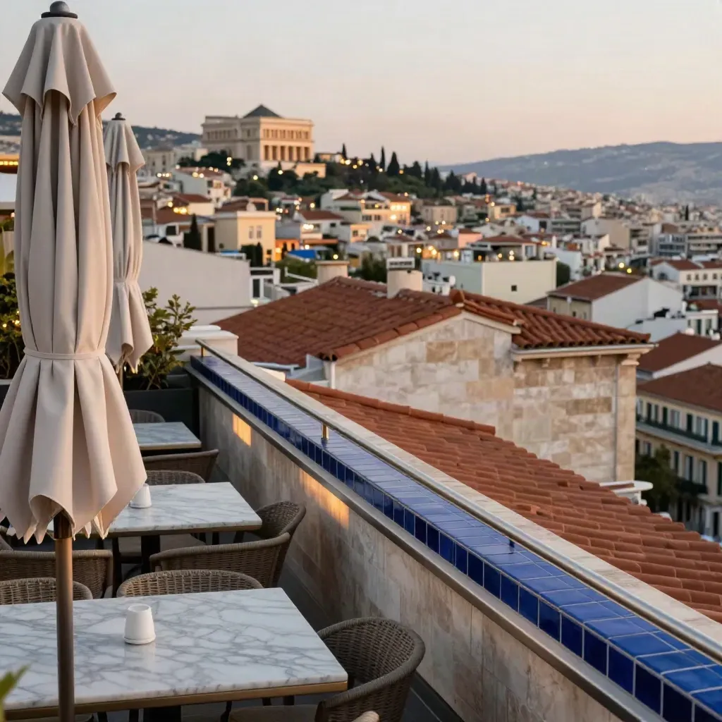 Athens rooftop bar at dusk with parasols, glowing tables, and hazy stacked city views.