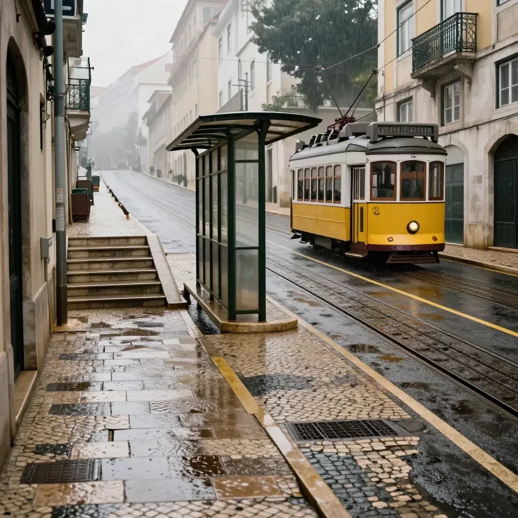 Rainy Lisbon tram stop on a steep hill, tram rounding a bend, wet steps and rails.