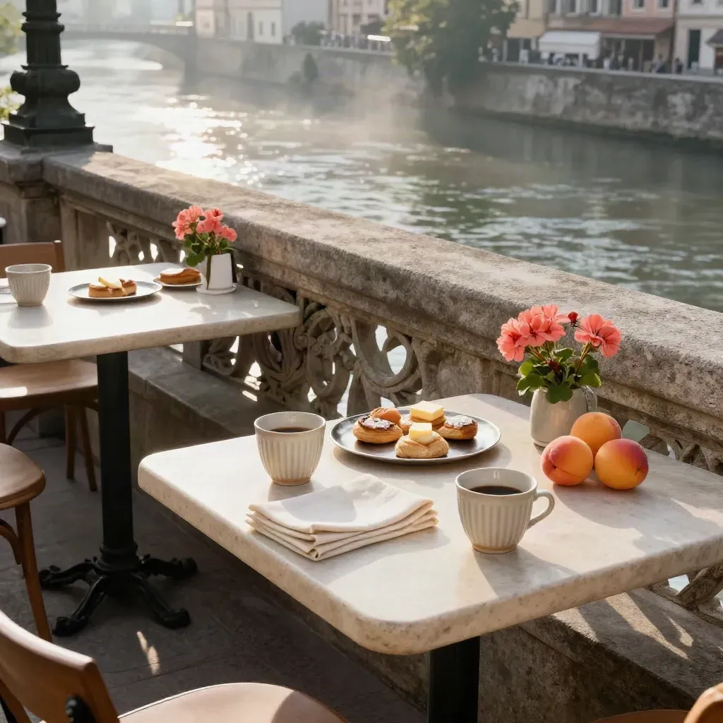 Ljubljana breakfast terrace by a stone bridge, river mist, pale tables, and morning light on the water.