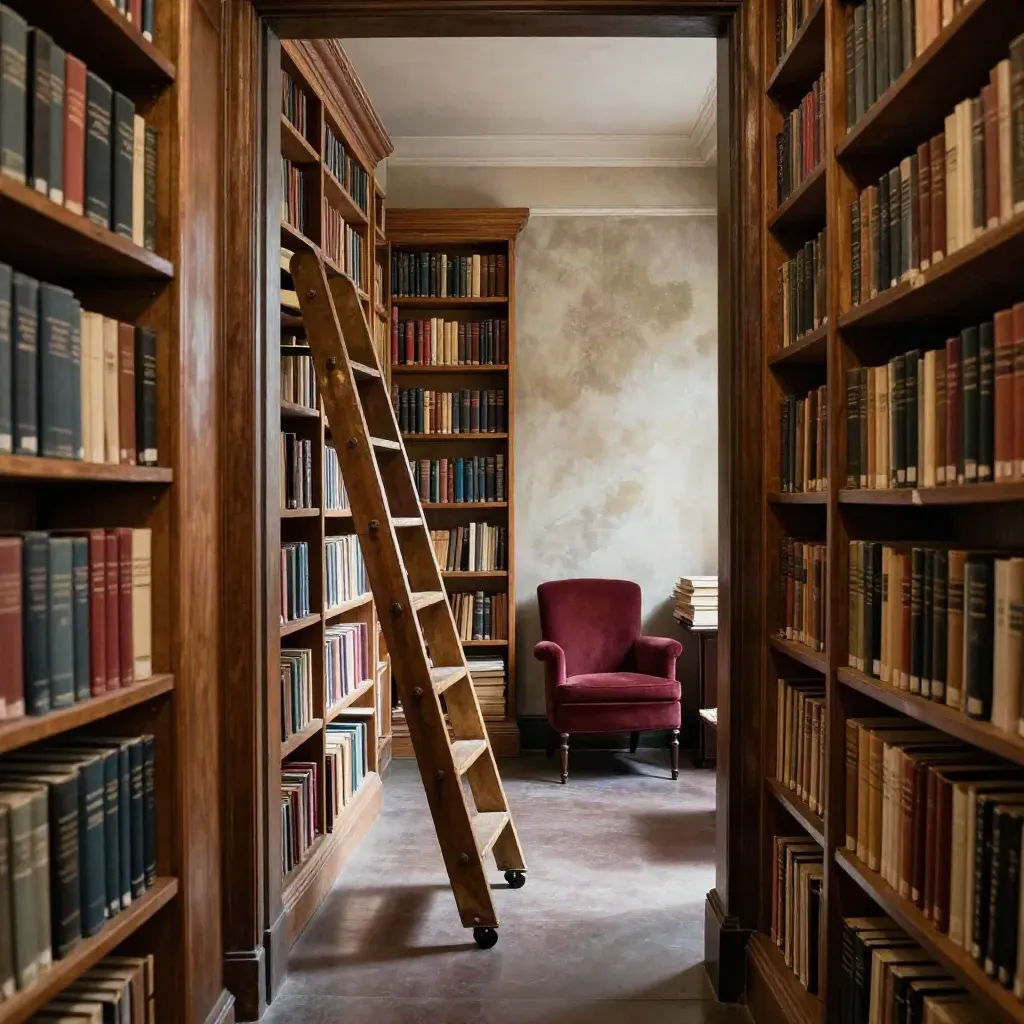 Sunlit Brussels bookshop interior with tall shelves, rolling ladder and a red reading chair.