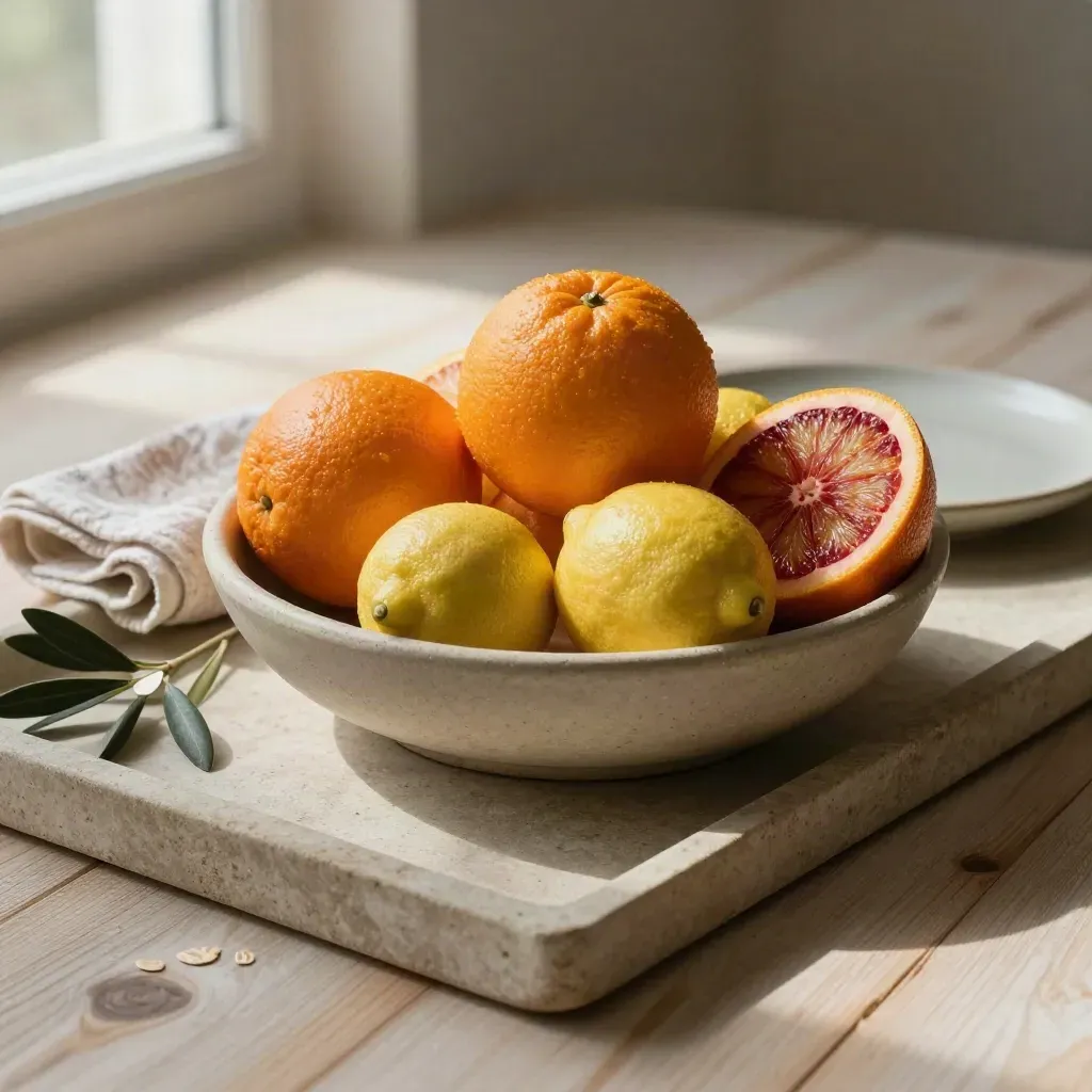 Stoneware bowl of citrus with tea towel, olive branch, and ceramic plate on a wood table.