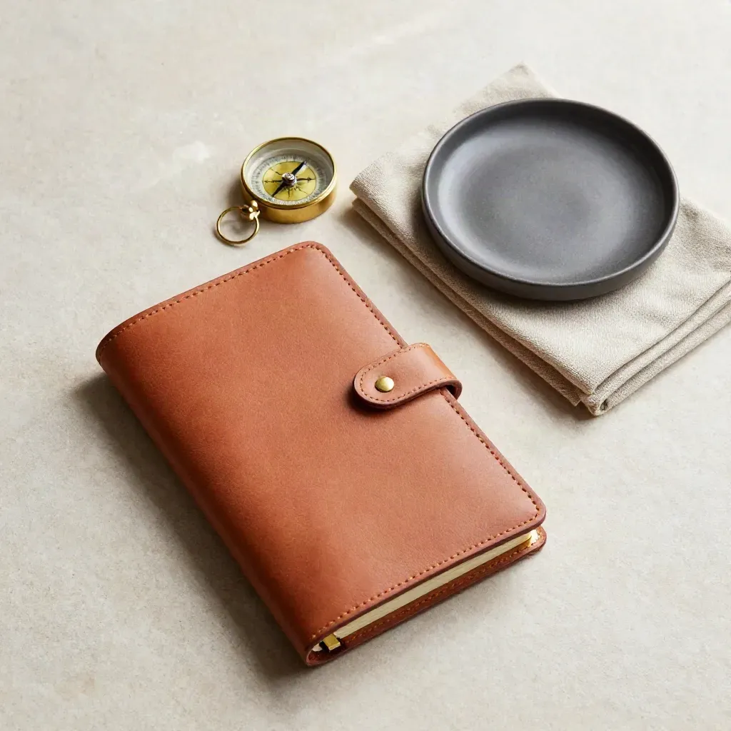 Travel journal, compass, linen pouch, and ceramic dish arranged on pale stone.
