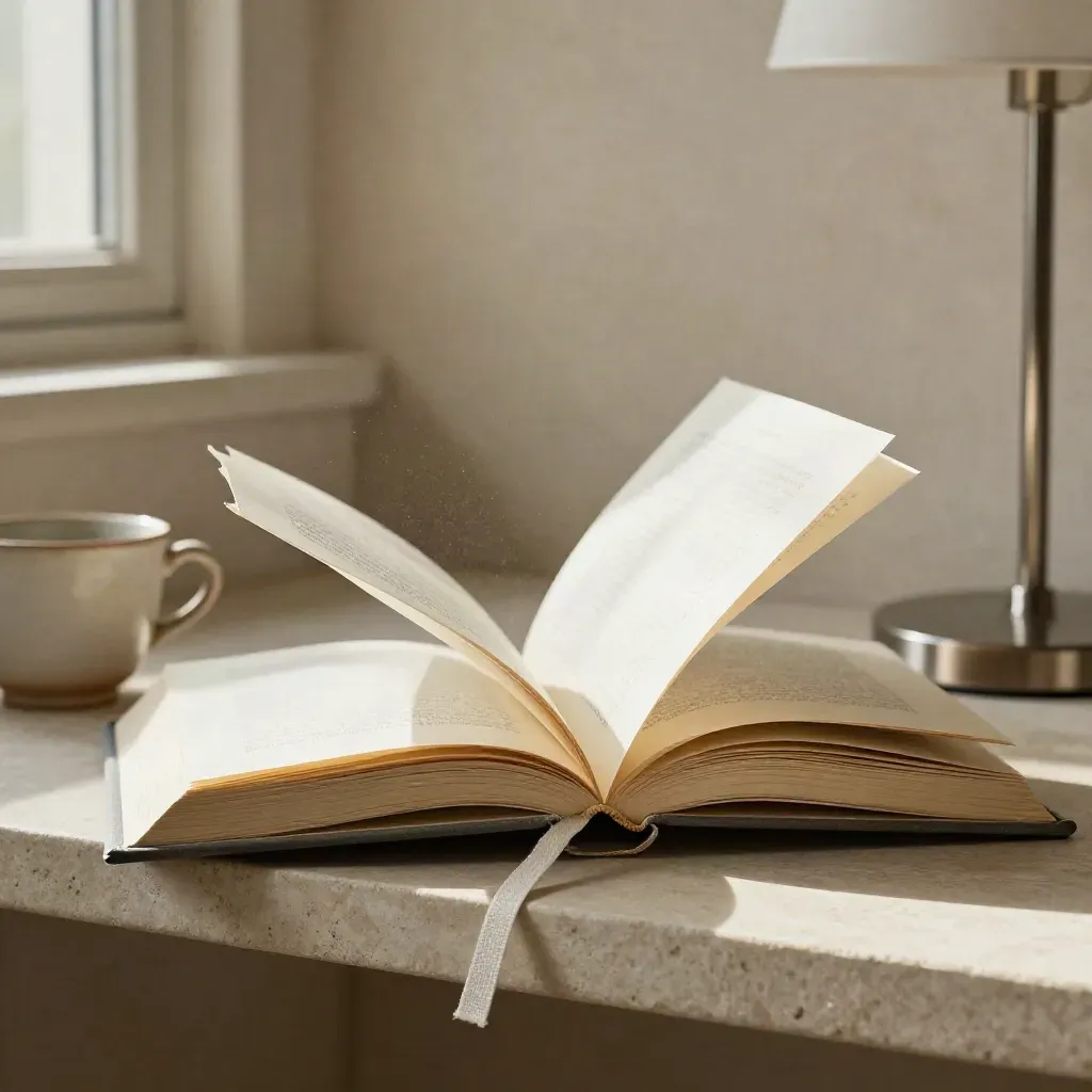 Open book, linen bookmark, lamp base, and ceramic cup on a stone shelf in soft window light.